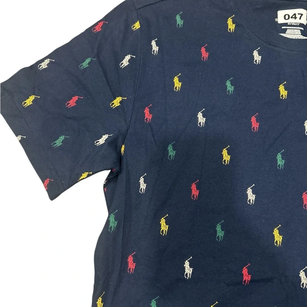 Polo Ralph Lauren Mens Navy Blue All Over Multi Color Pony Logo T-Shirt S